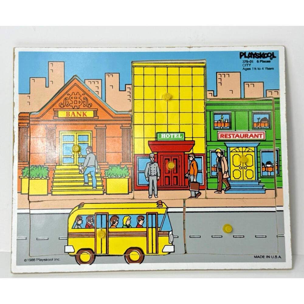 Vintage 1986 Playskool Inc. 379-01 CITY Wooden Board Peg Puzzle 6 Piece